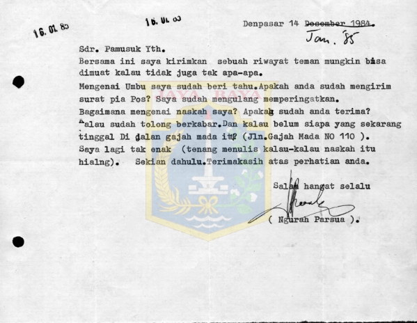 Surat untuk Pamusuk Eneste dari Ngurah Persua (14 Januari 1985)