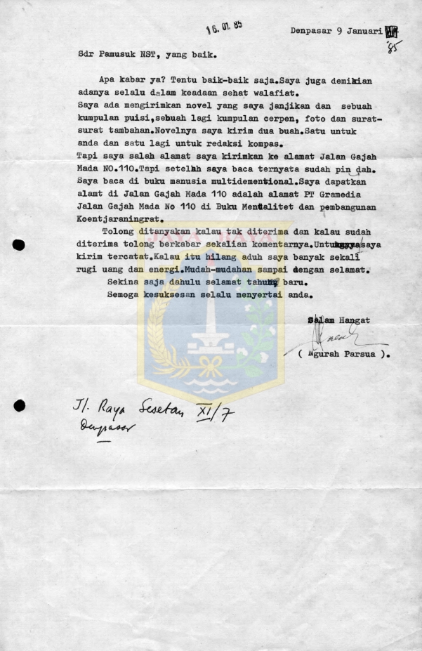 Surat untuk Pamusuk Eneste dari Ngurah Persua (9 Januari 1985)