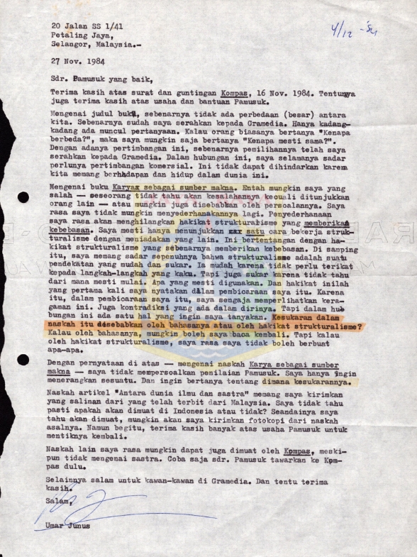 Surat untuk Pamusuk Eneste dari Umar Junus (27 November 1984)