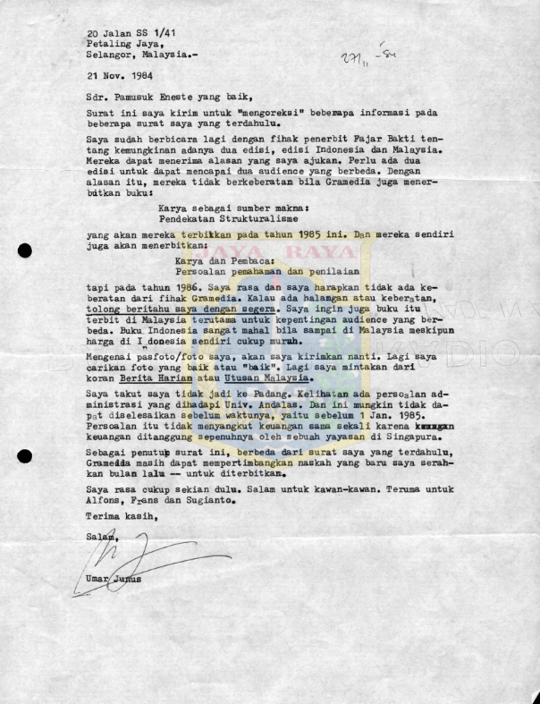 Surat untuk Pamusuk Eneste dari Umar Junus (21 November 1984)