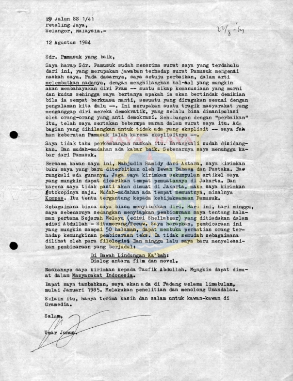 Surat untuk Pamusuk Eneste dari Umar Junus (12 Agustus 1984)