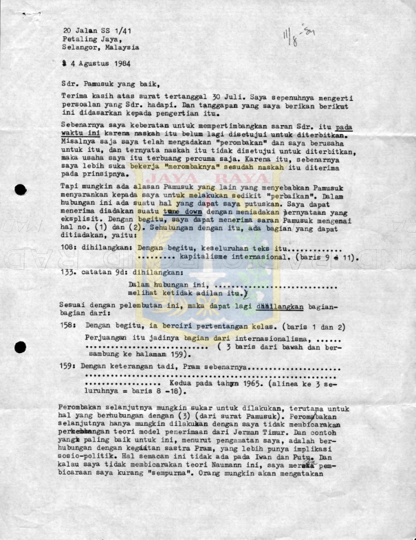 Surat untuk Pamusuk Eneste dari Umar Junus (4 Agustus 1984)