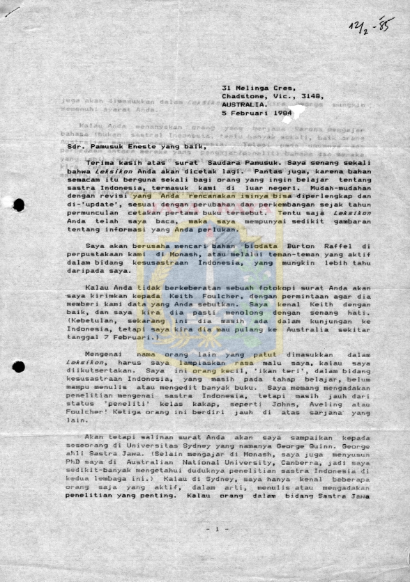 Surat untuk Pamusuk Eneste dari David Hill (5 Februari 1984)