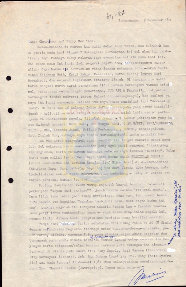 Surat untuk Pamusuk Eneste dari M. Asruchin (29 Desember 1980)