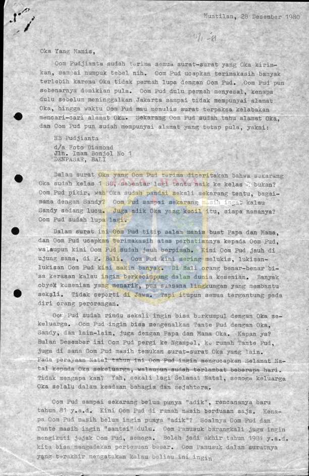 Surat untuk Oka dari HB Pudjianta (28 Desember 1980)