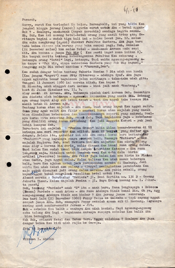 Surat untuk Pamusuk Eneste dari Wikrama I. Abidin (25 Desember 1980)