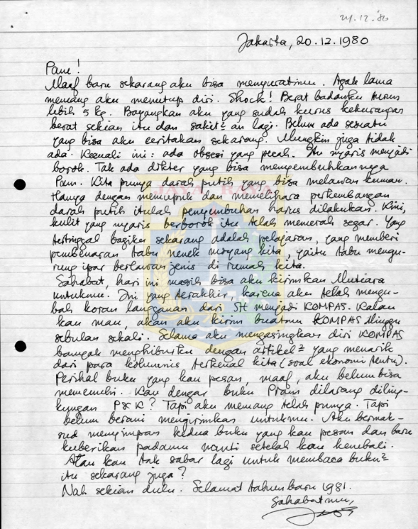 Surat tulisan tangan untuk Pamusuk Eneste (20 Desember 1980)
