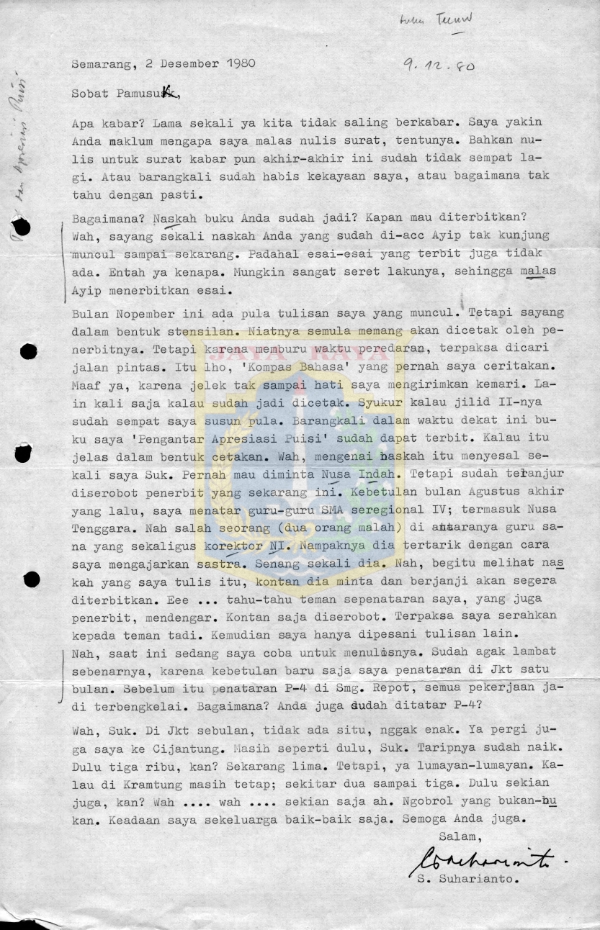 Surat untuk Pamusuk Eneste dari S. Suharianto (2 Desember 1980)