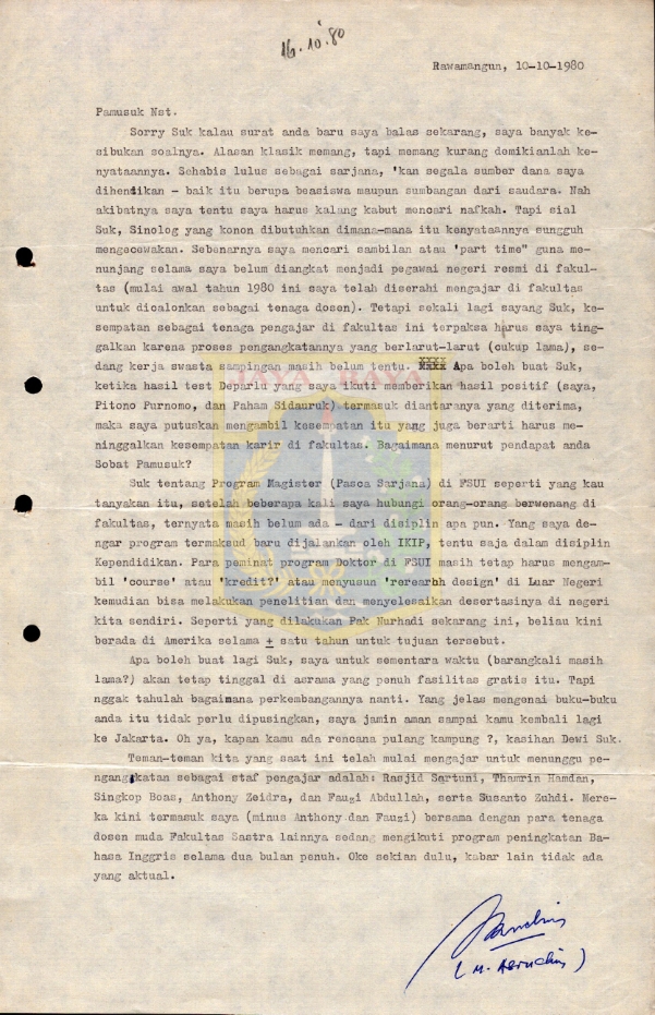 Surat untuk Pamusuk Eneste dari M. Asruchin (10 Oktober 1980)