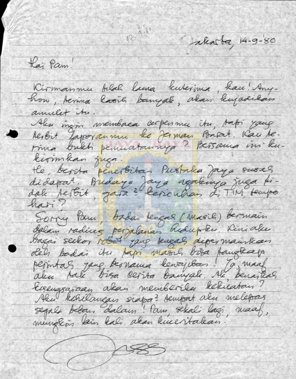 Surat tulisan tangan untuk Pamusuk Eneste (14 September 1980)