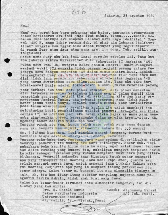 Surat untuk Pamusuk Eneste dari Gazali Dunia (23 Agustus 1980)