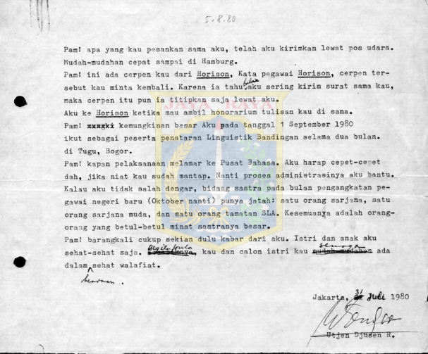 Surat untuk Pamusuk Eneste dari Utjen Djusen R. (31 Juli 1980)