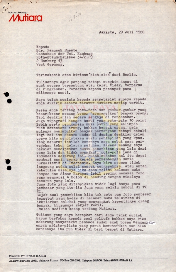 Surat untuk Pamusuk Eneste dari Aristides Katoppo (29 Juli 1980)