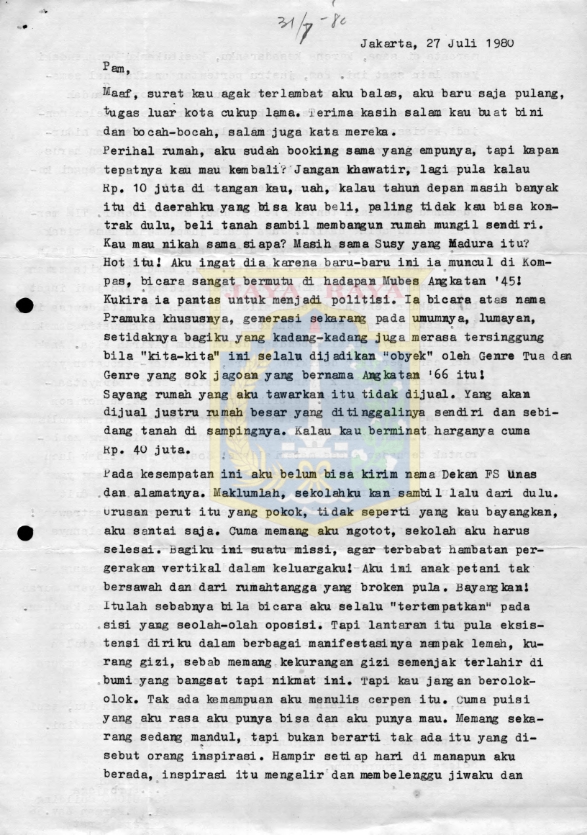 Surat untuk Pamusuk Eneste dari J. Sahardi (27 Juli 1980)