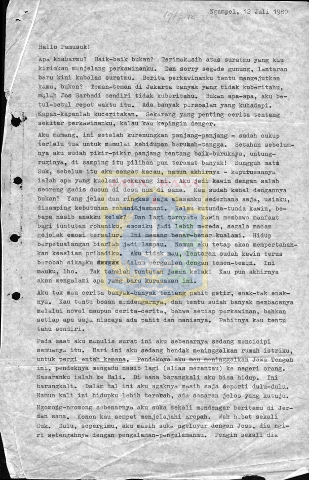 Surat untuk Pamusuk Eneste dari HB. Pudjianta (12 Juli 1980)