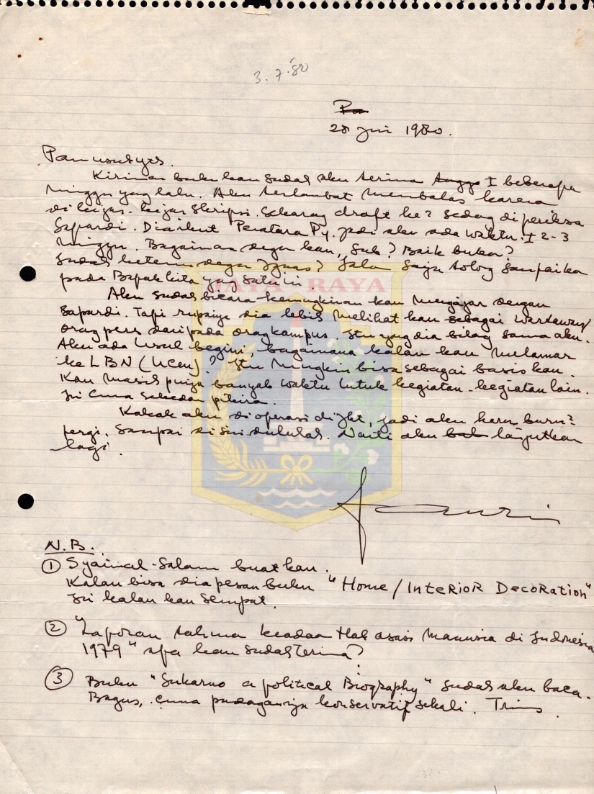 Surat tulisan tangan untuk Pamusuk Eneste (28 Juni 1980)