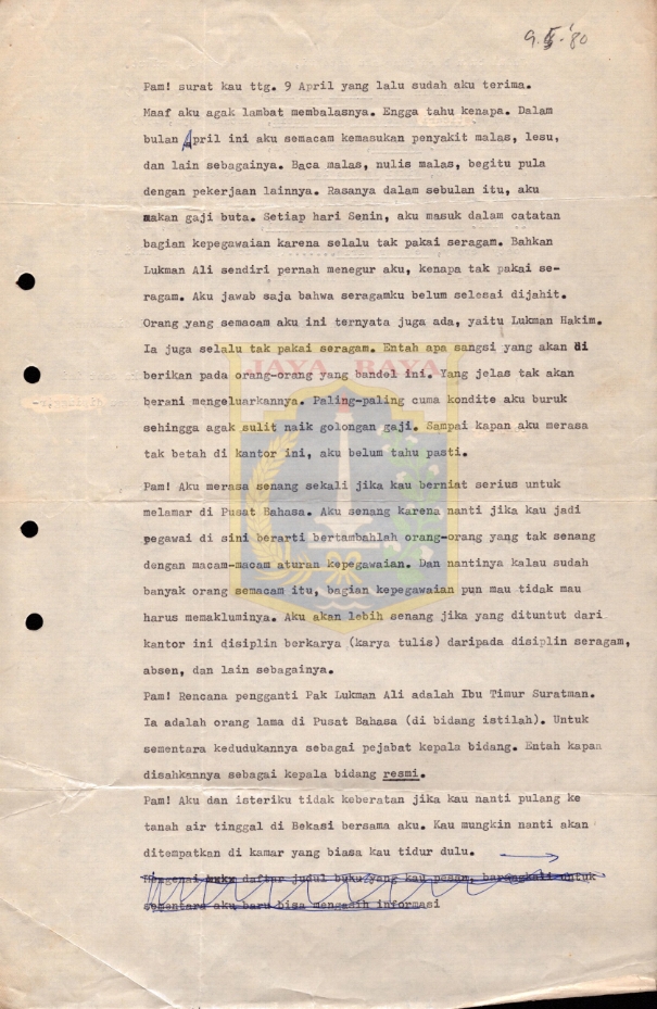 Surat untuk Pamusuk Eneste dari Utjen (9 Mei 1980)