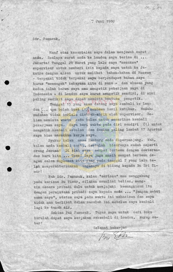 Surat untuk Pamusuk Eneste (7 Juni 1980)