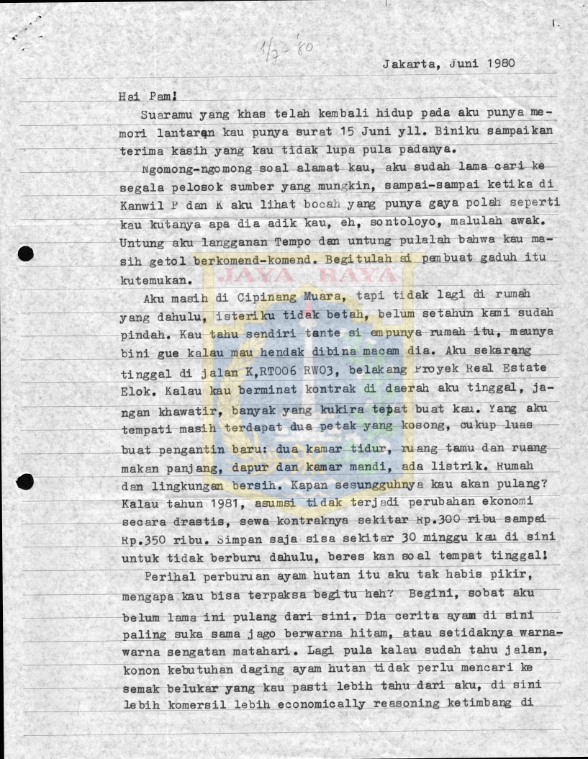Surat untuk Pamusuk Eneste dari Joss (Juni 1980)