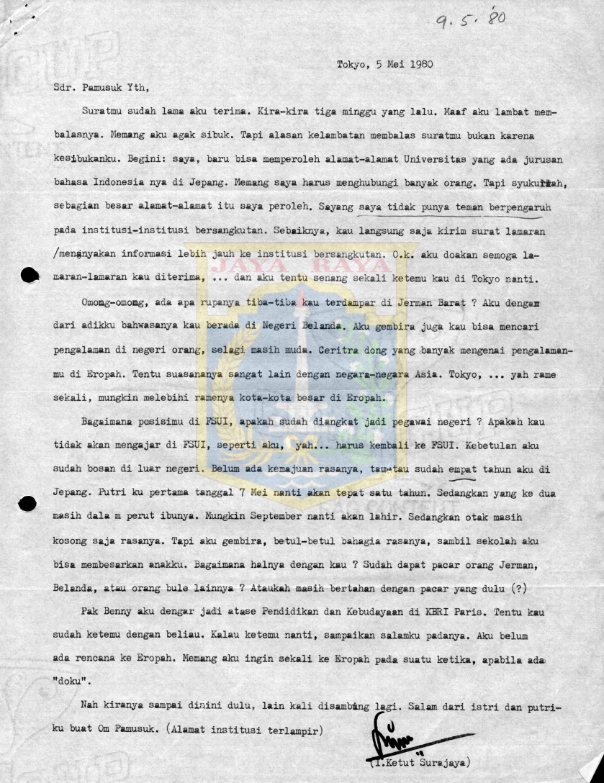 Surat untuk Pamusuk Eneste dari I. Ketut Surajaya (5 Mei 1980)