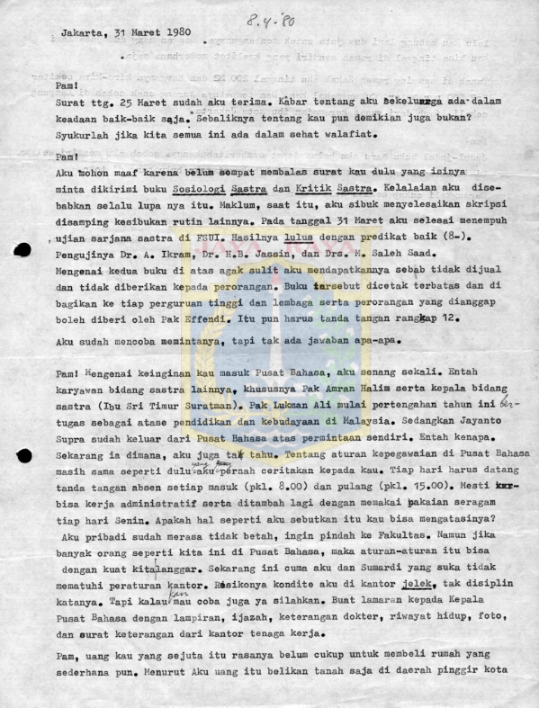 Surat untuk Pamusuk Eneste dari Utjen (31 Maret 1980)