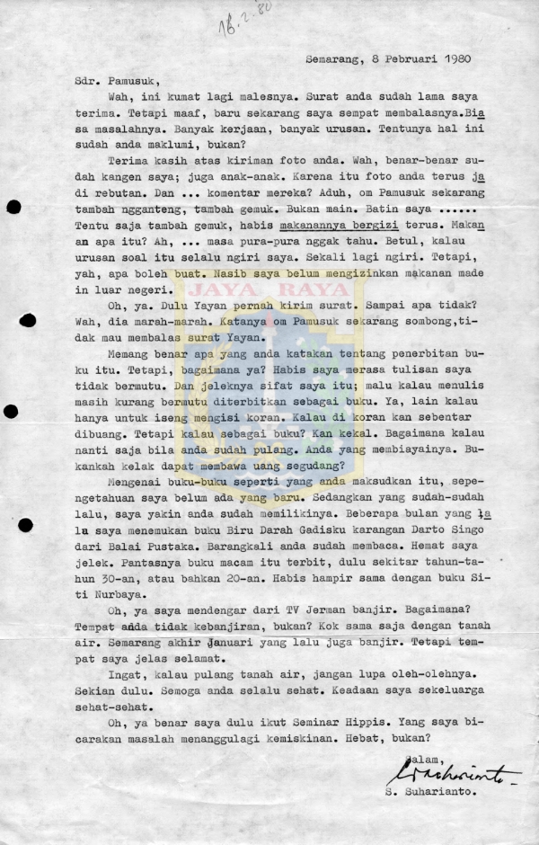 Surat untuk Pamusuk Eneste dari S. Suharianto (8 Februari 1980)