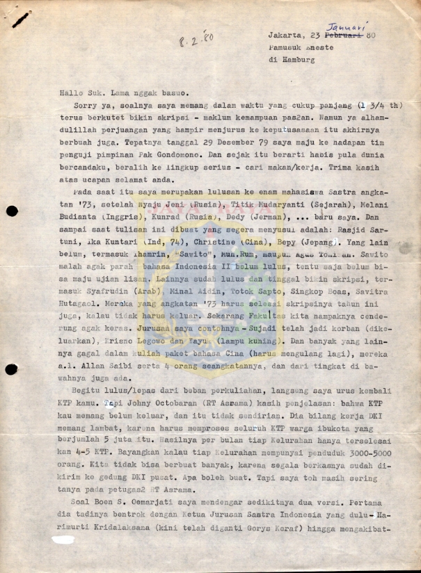 Surat untuk Pamusuk Eneste dari M. Asruchin (23 Januari 1980)