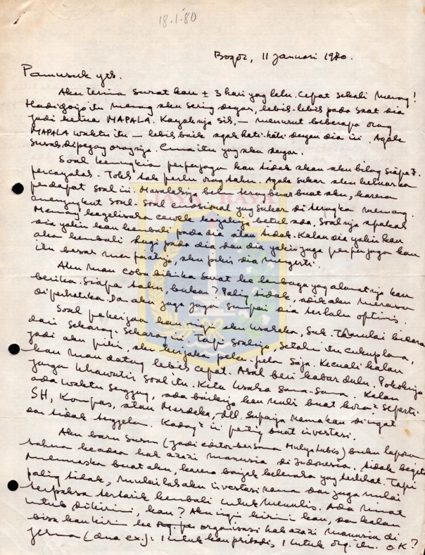 Surat-surat tulisan tangan untuk Pamusuk Eneste (5-24 Januari 1980)