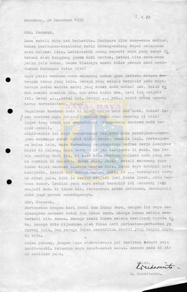 Surat untuk Pamusuk Eneste dari S. Suharianto (24 Desember 1979)