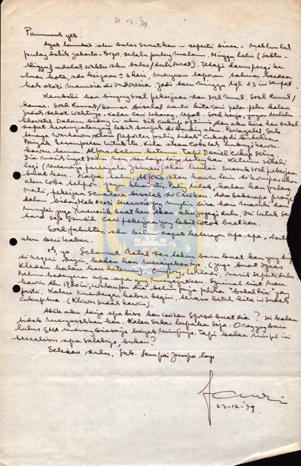 Surat tulisan tangan untuk Pamusuk Eneste (23 Desember 1979)
