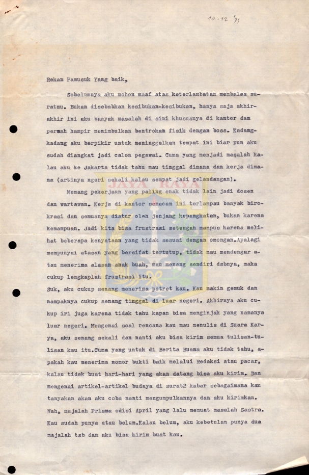 Surat untuk Pamusuk Eneste dari Lerman Sipayung (1 Desember 1979)