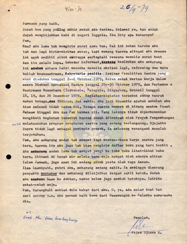 Surat untuk Pamusuk Eneste dari Utjen Djusen R. (26 September 1979)