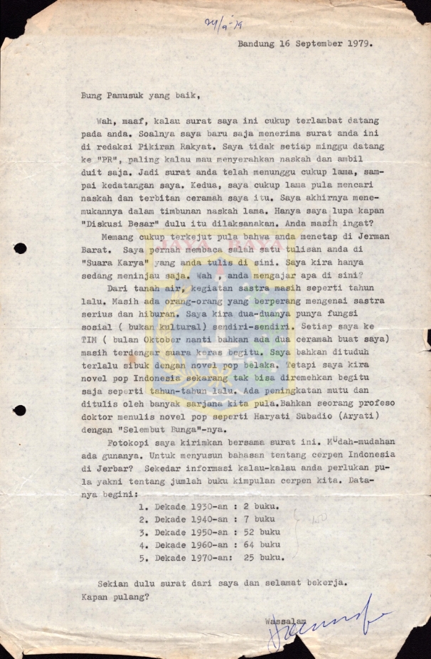 Surat untuk Pamusuk Eneste dari Bandung (16 September 1979)