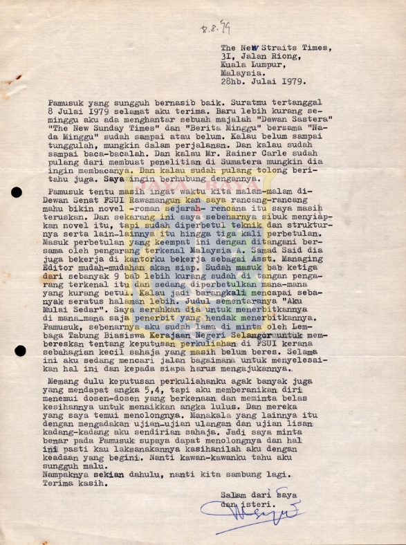 Surat untuk Pamusuk Eneste dari Malaysia (28 Juli 1979)