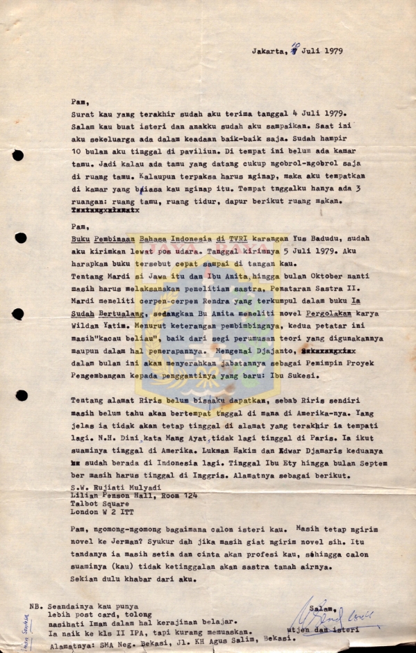 Surat untuk Pamusuk Eneste dari Utjen dan isteri (10 Juli 1979)