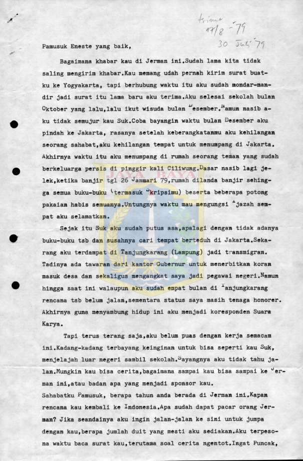 Surat untuk Pamusuk Eneste dari Lerman Sipayung (30 Juni 1979)