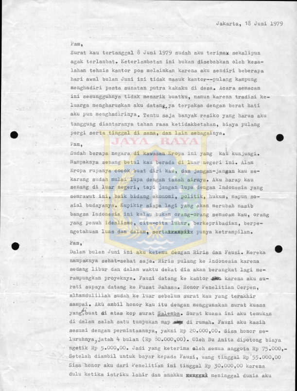 Surat untuk Pamusuk Eneste dari Utjen dan isteri (18 Juni 1979)