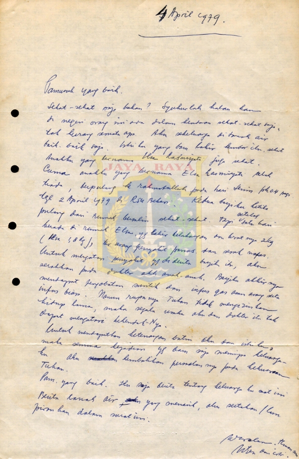 Surat tulisan tangan untuk Pamusuk Eneste dari Utjen (4 April 1979)