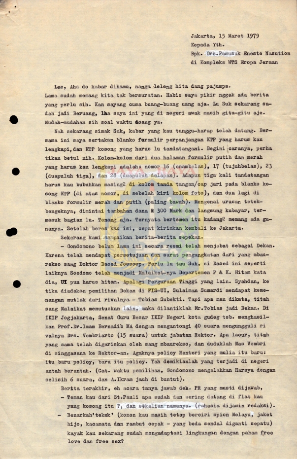Surat untuk Pamusuk Eneste dari Raden Teuku Andi Datuk (15 Maret 1979)