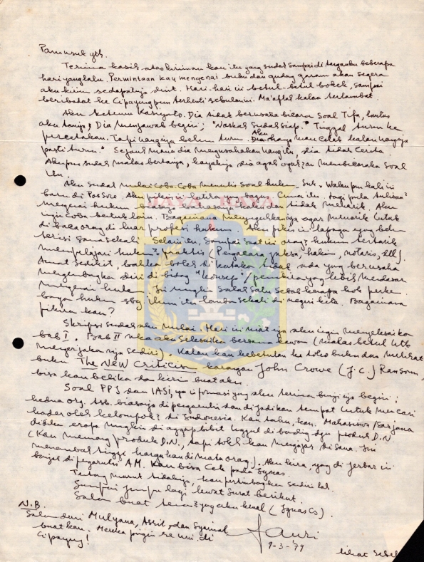 Surat tulisan tangan untuk Pamusuk Eneste (9 Maret 1979)
