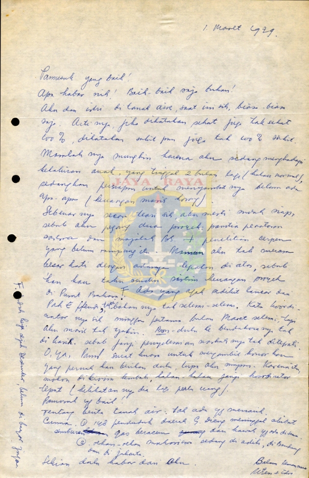 Surat tulisan tangan untuk Pamusuk Eneste dari Utjen (1 Maret 1979)