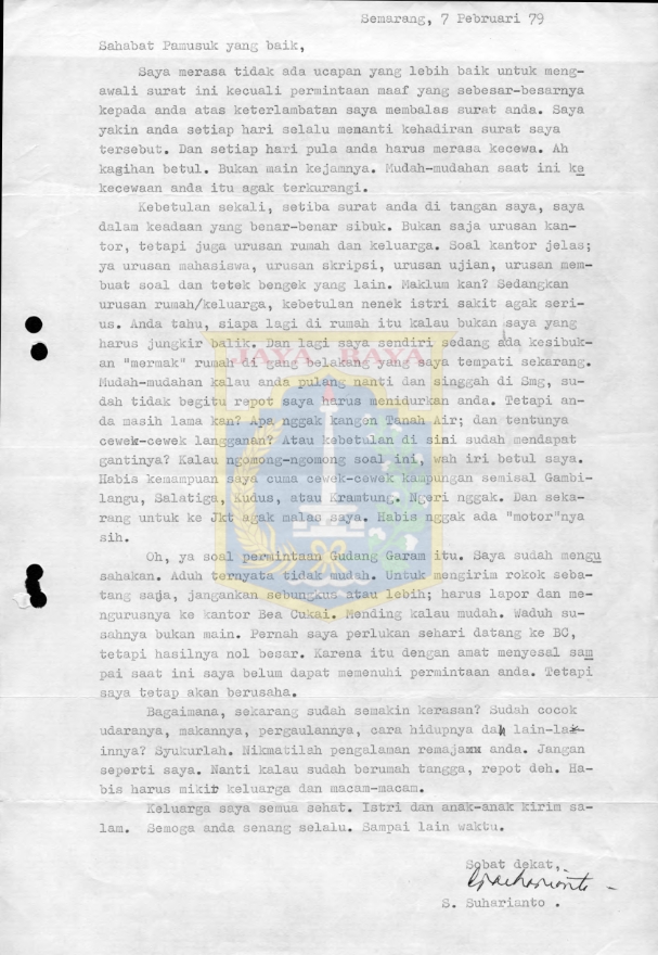 Surat untuk Pamusuk Eneste dari S. Suharianto (7 Februari 1979)