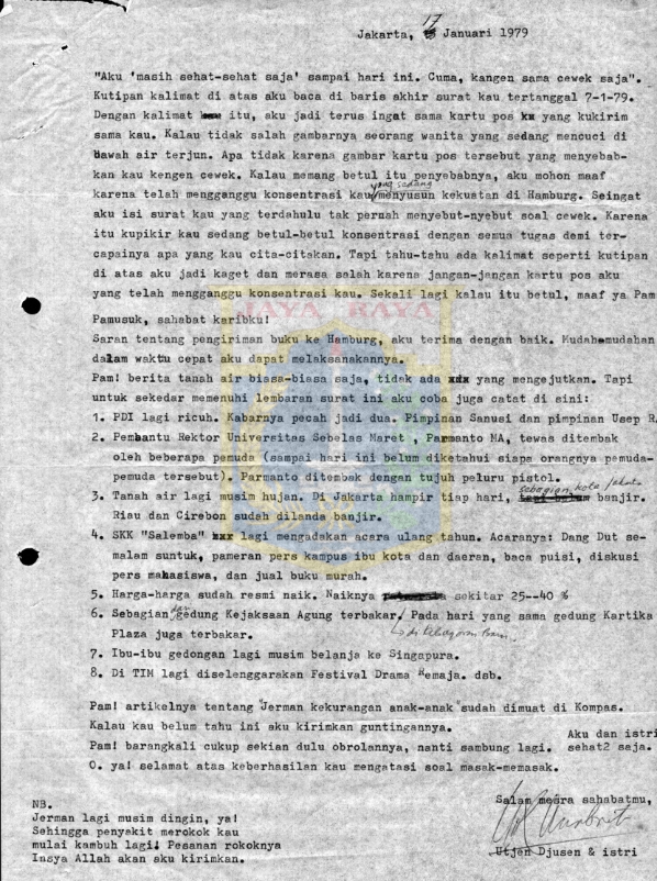 Surat untuk Pamusuk Eneste dari Utjen dan isteri (17 Januari 1979)