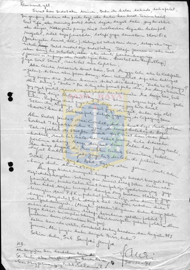 Surat tulisan tangan untuk Pamusuk Eneste (30 Desember 1978)