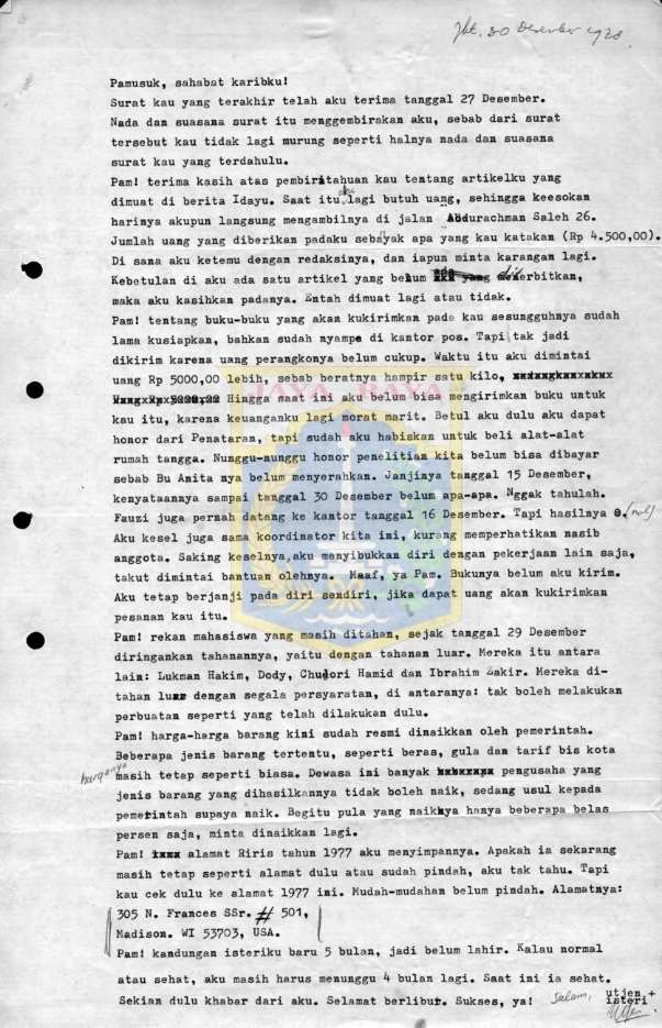 Surat untuk Pamusuk Eneste dari Utjen dan isteri (30 Desember 1978)