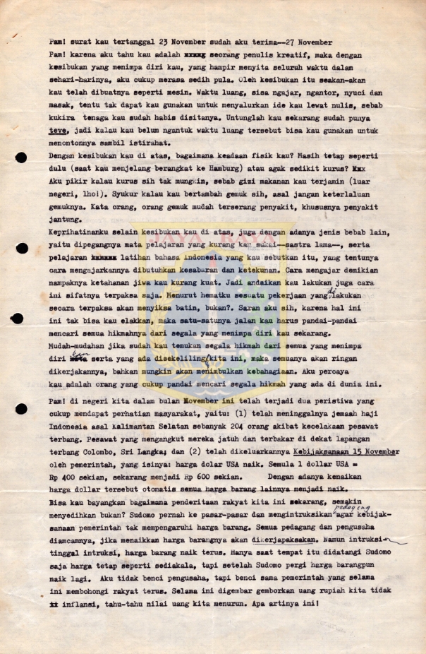 Surat tulisan tangan untuk Pamusuk Eneste dari P.A. Tirtawirya (21 November 1978)