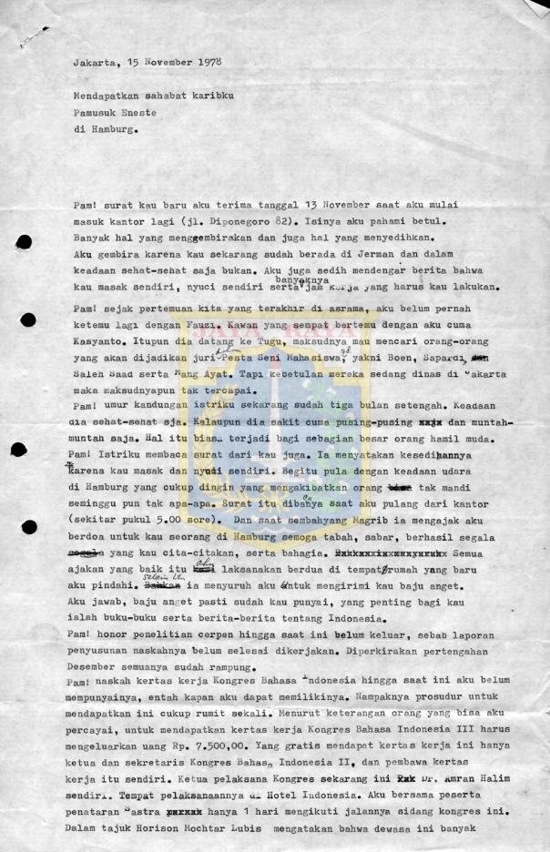 Surat untuk Pamusuk Eneste dari Utjen dan isteri (15 November 1978)