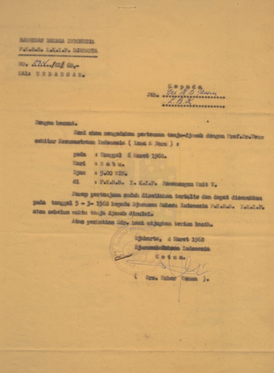 Surat undangan kepada hb jassin dari jurusan bahasa indonesia IKIP dan pertemuan dengan A. Teew