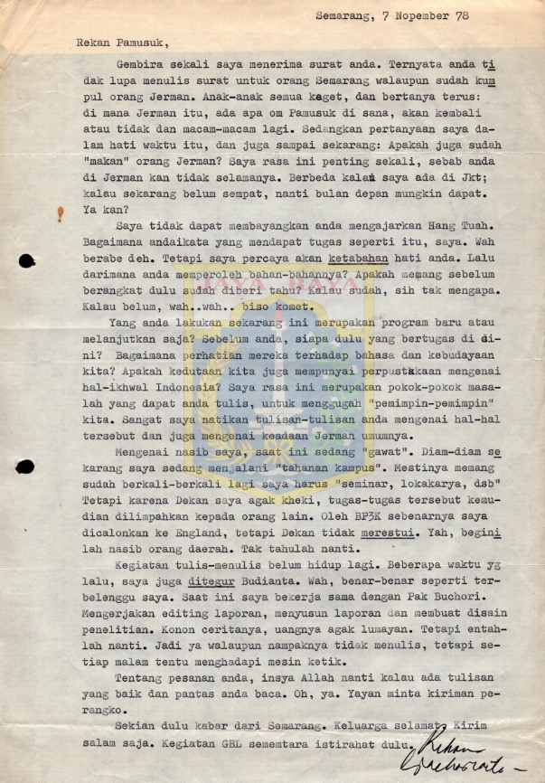 Surat untuk Pamusuk Eneste dari S. Suharianto (7 November 1978)