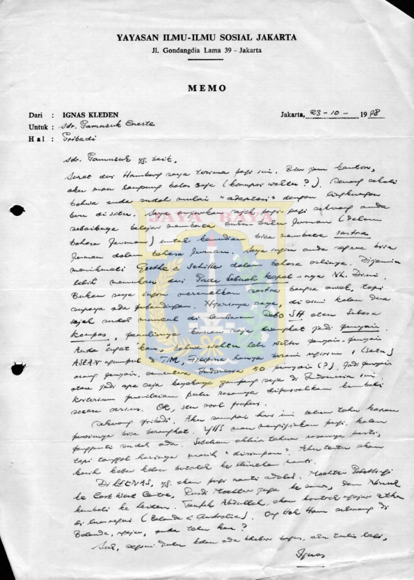Surat untuk Pamusuk Eneste dari Ignas Kleden (23 Oktober 1978)